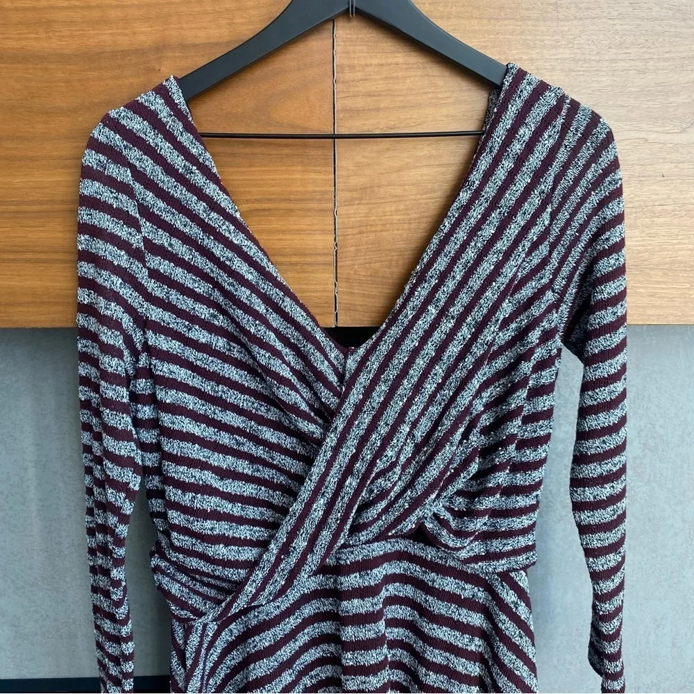 NWT Free People Retro Eggplant Combo 3/4 Sleeve Flare Mini Dress, Size L
